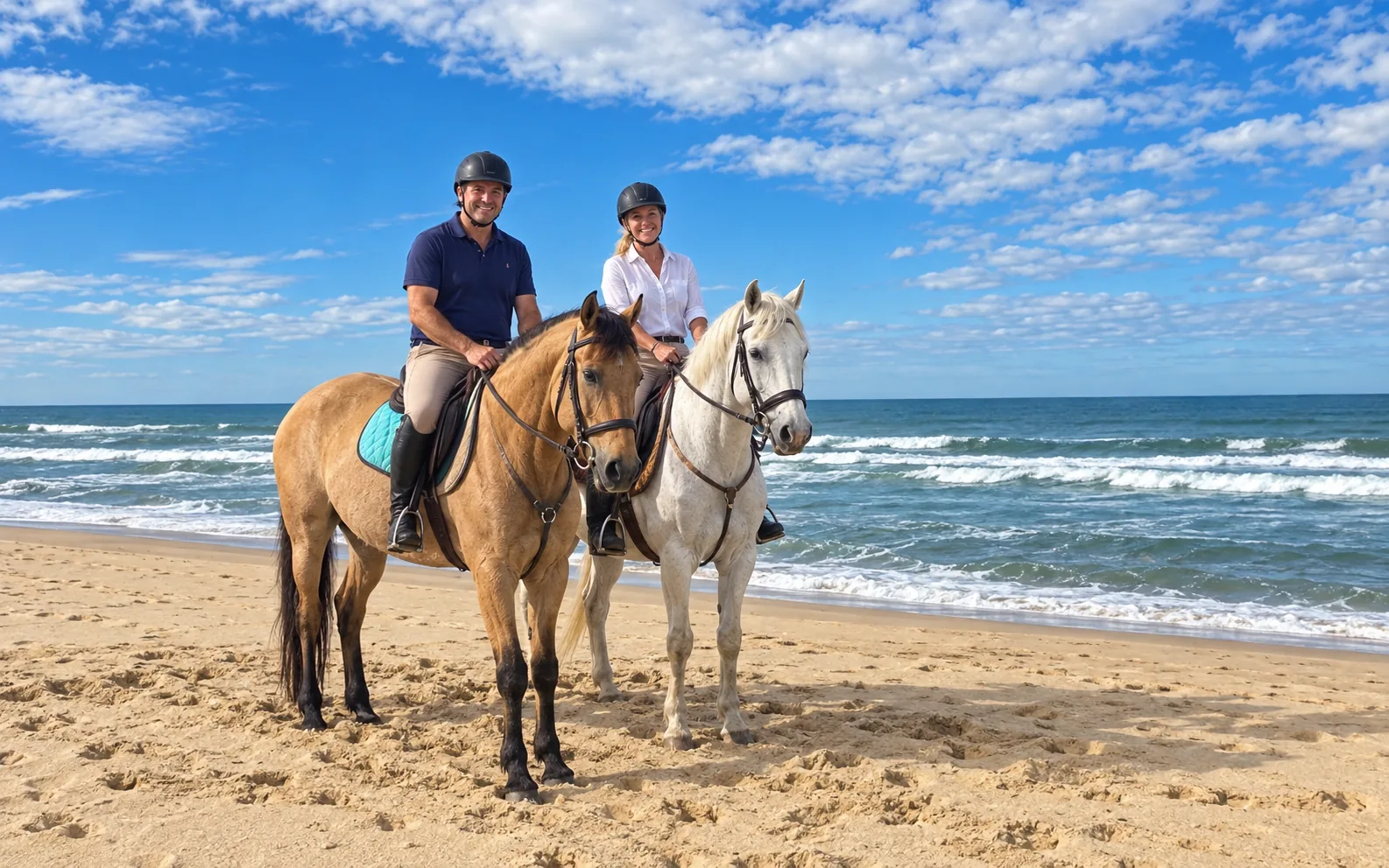 Casal a passear a cavalo numa praia da Costa Oeste